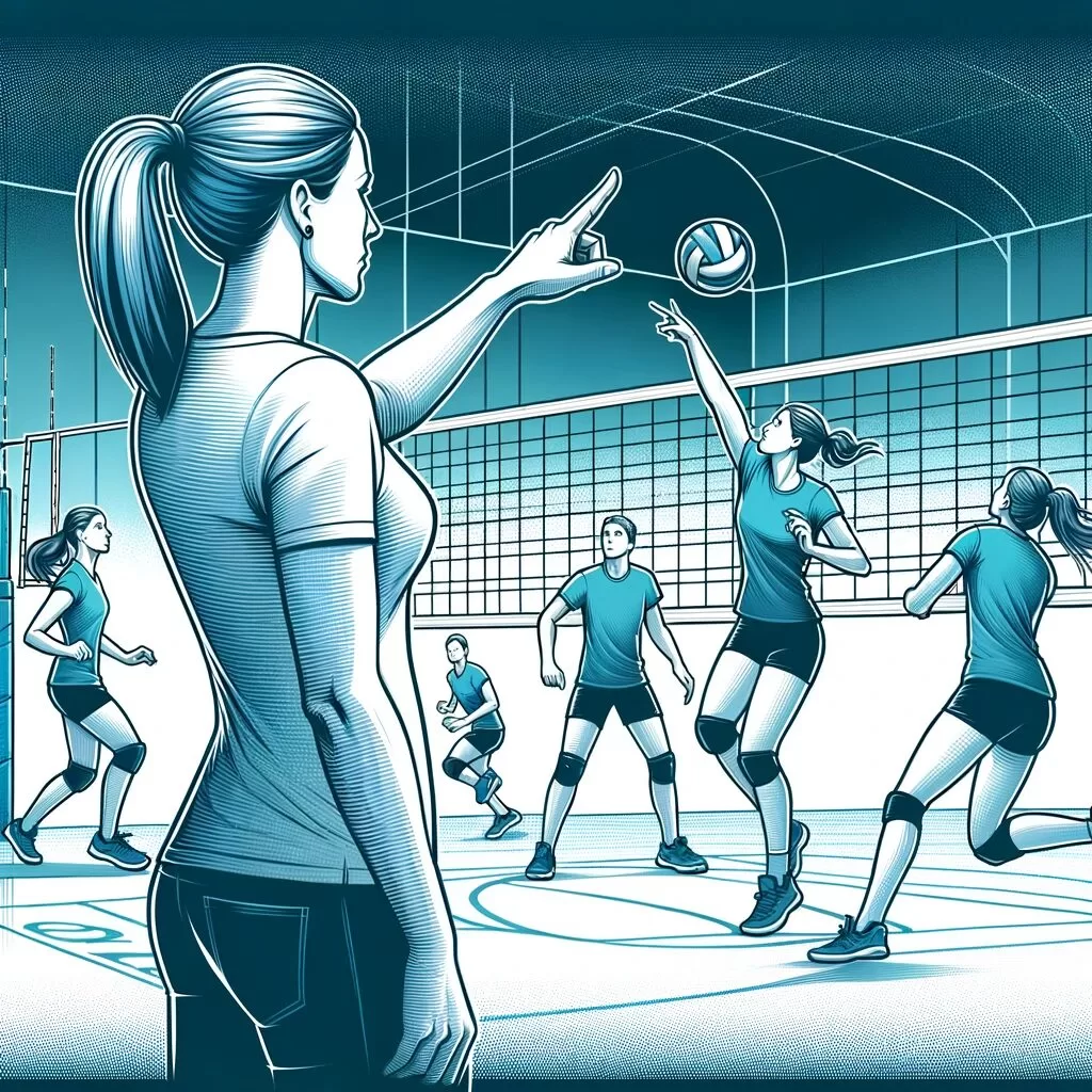 A coach working with their team on volleyball rotations and positioning