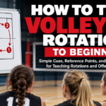 Volleyball coach teaching beginner players rotation order using a court diagram with positions 1 through 6.