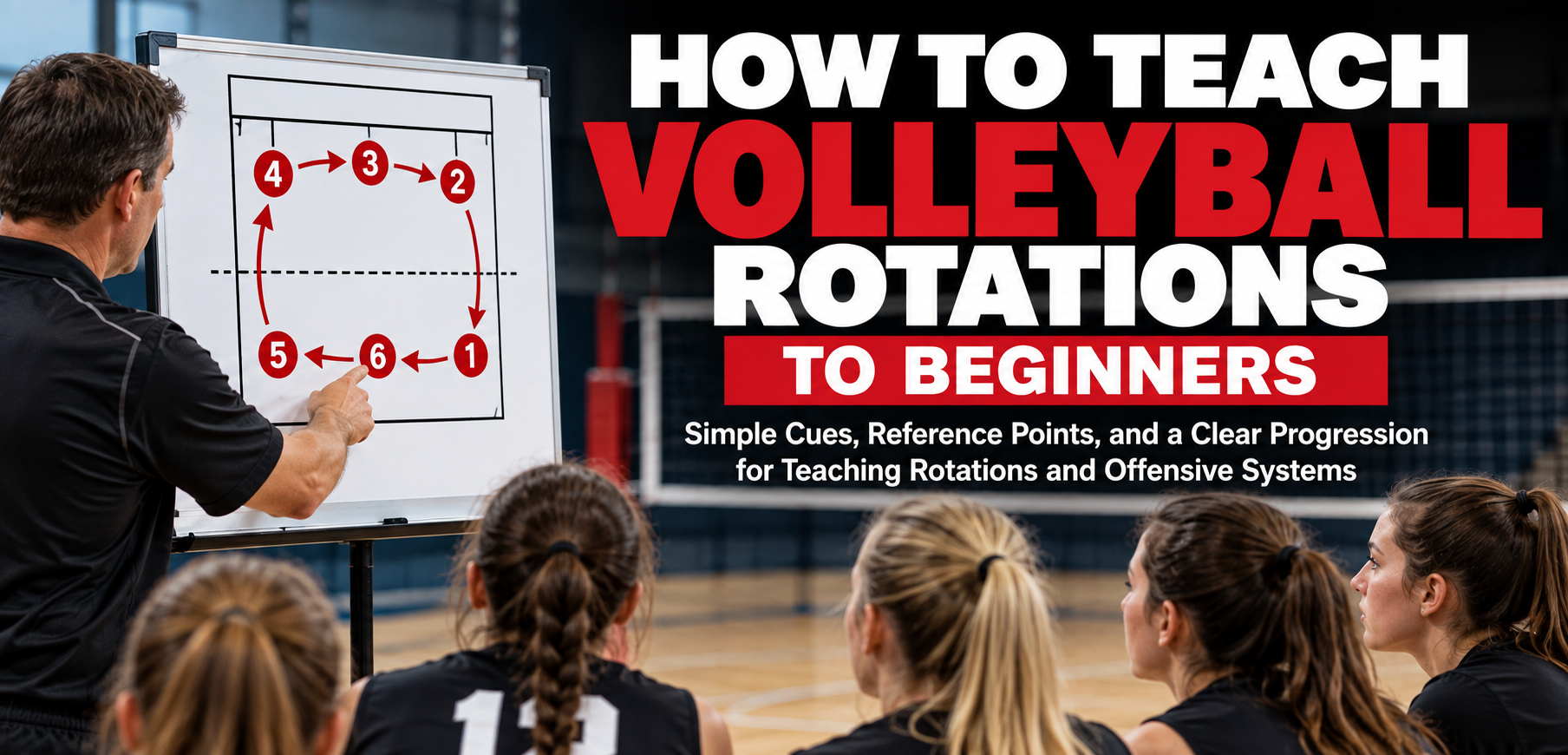 Volleyball coach teaching beginner players rotation order using a court diagram with positions 1 through 6.