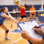 Image of a coach with a clipboard evaluating volleyball players in a tryout situation