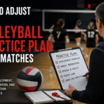 Coach reviewing a volleyball practice plan while players train on court, illustrating how to adjust practices once matches begin.