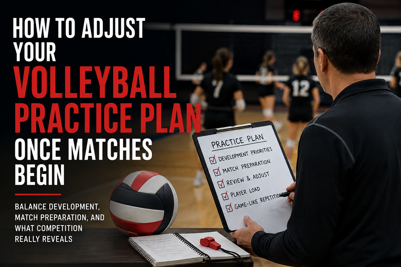 Coach reviewing a volleyball practice plan while players train on court, illustrating how to adjust practices once matches begin.