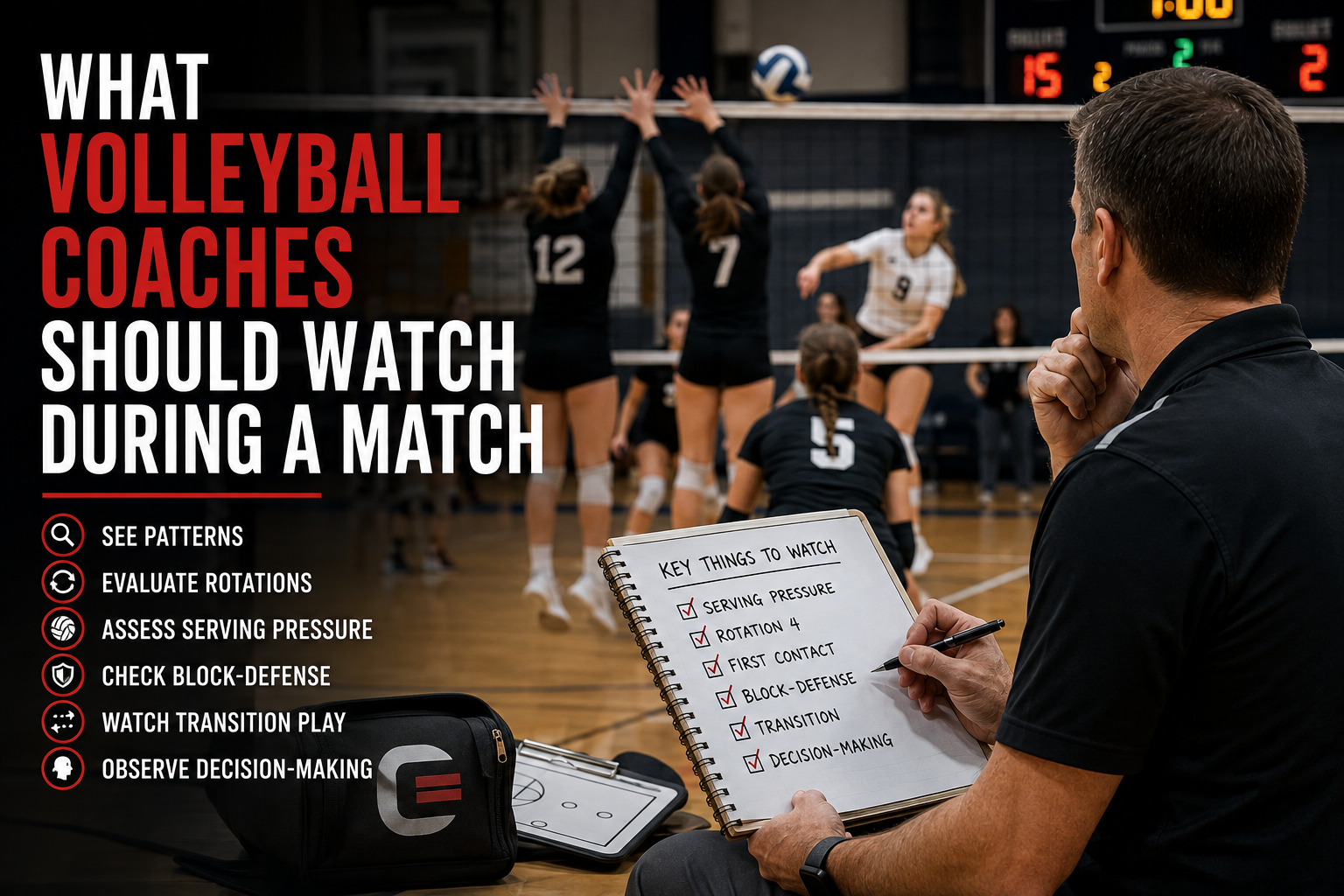 Volleyball coach observing a match and taking notes on serving pressure, rotations, block-defense, transition play, and decision-making.