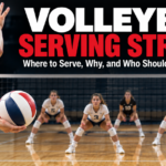 Volleyball player preparing to serve toward an opposing team in serve receive, illustrating volleyball serving strategy and target selection.