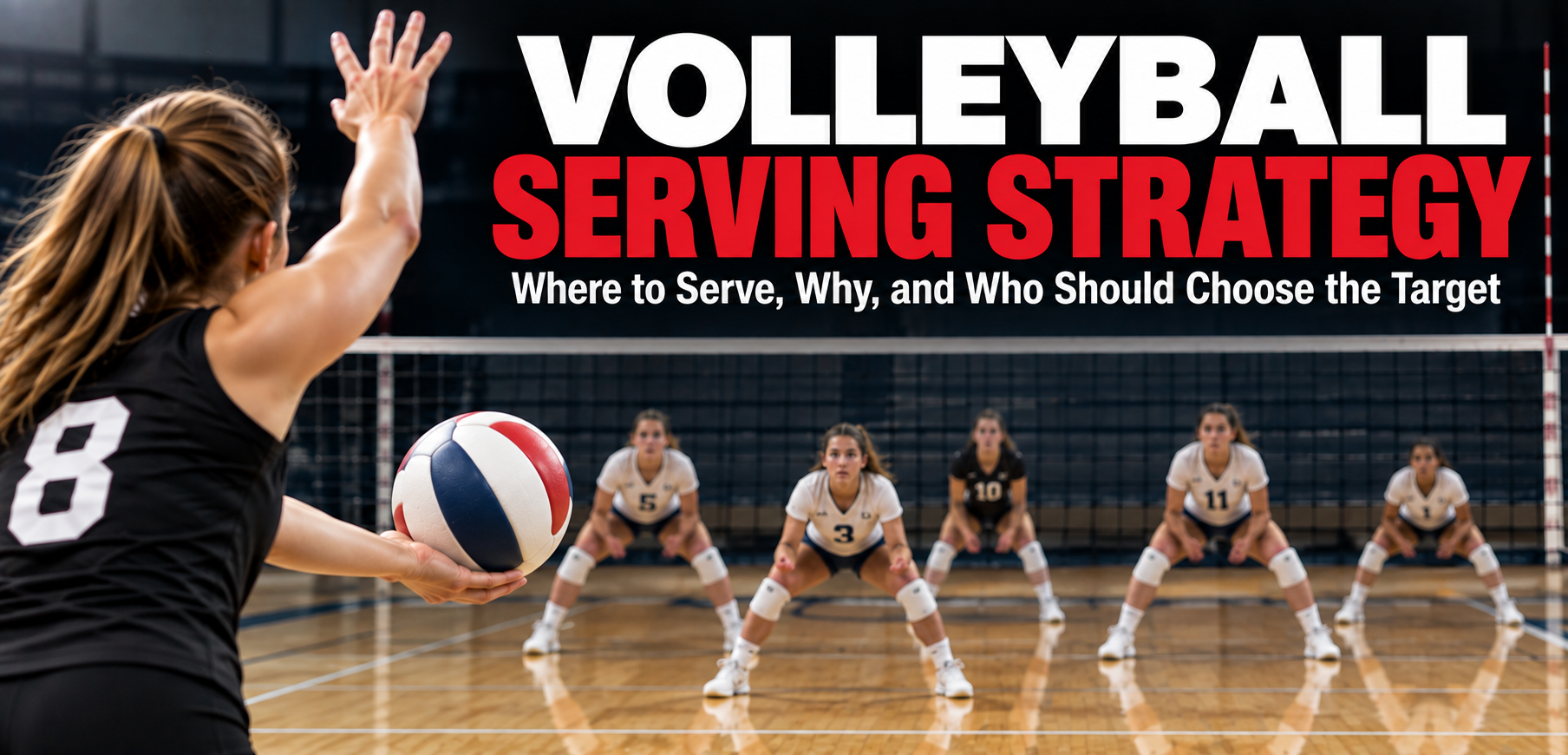Volleyball player preparing to serve toward an opposing team in serve receive, illustrating volleyball serving strategy and target selection.