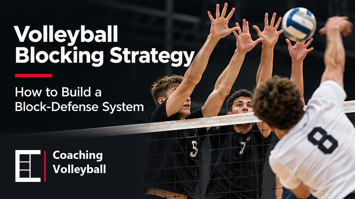 Two volleyball blockers forming a coordinated block against an attacker at the net.