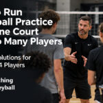 Volleyball coach organizing a large mixed-gender practice on a single indoor court.