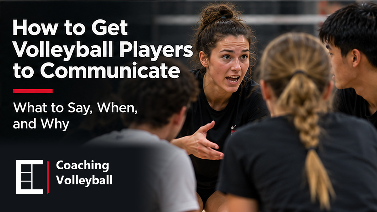 Volleyball players discussing positioning and tactics together on court between rallies.