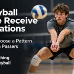 Male volleyball player passing in serve receive with teammates positioned behind him in formation.
