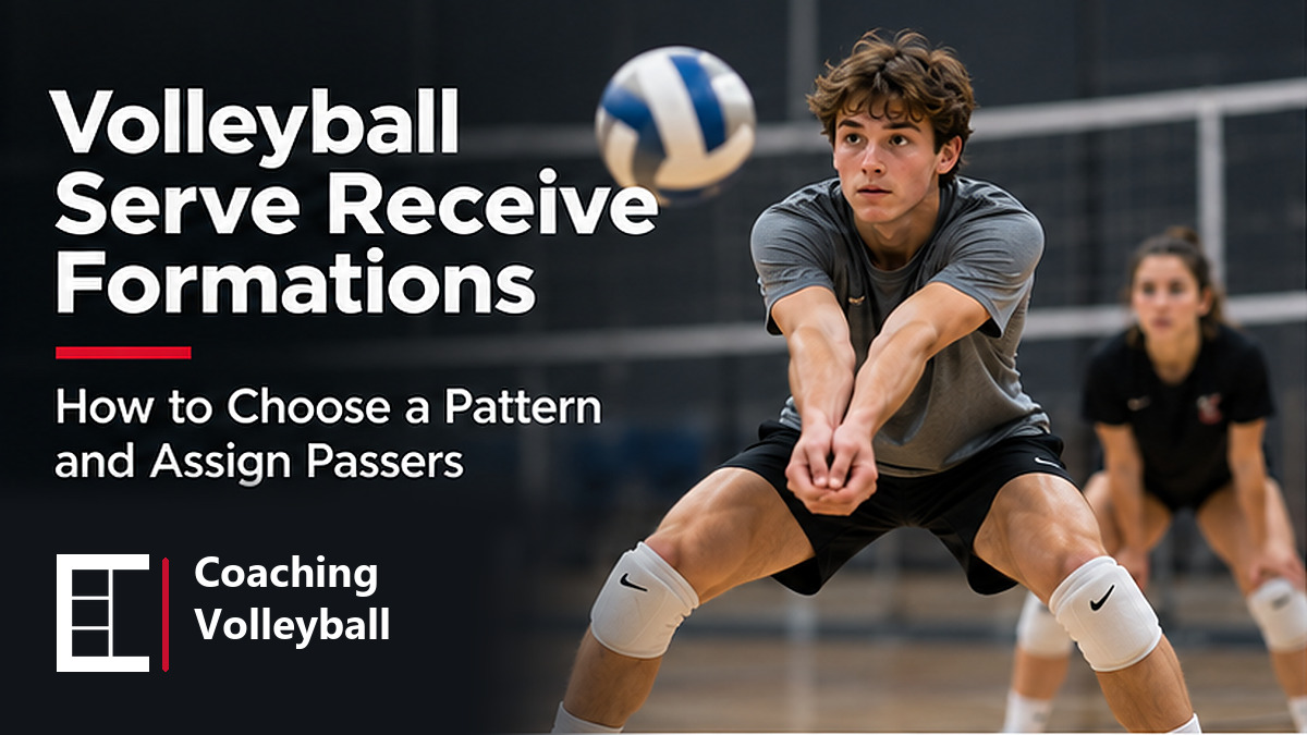 Male volleyball player passing in serve receive with teammates positioned behind him in formation.